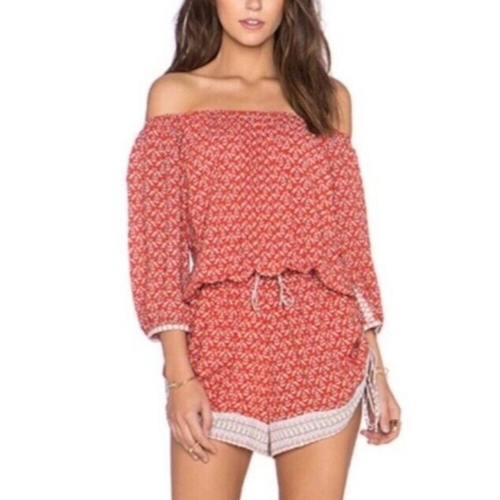 Faithfull The Brand Red Bird Print Off Shoulder Boho Romper Size Small